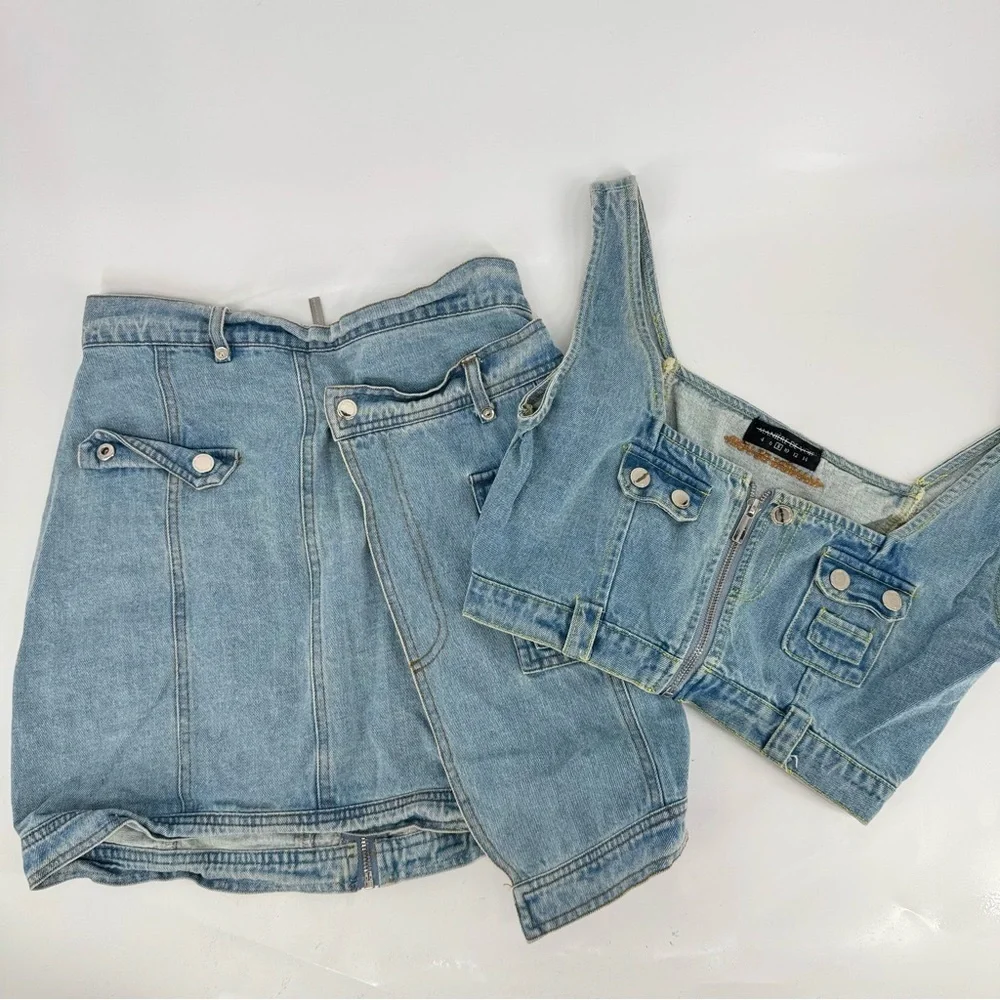Maniere De Voir Asymmetrical Denim Cargo Funky Mini Skirt & Top SET
